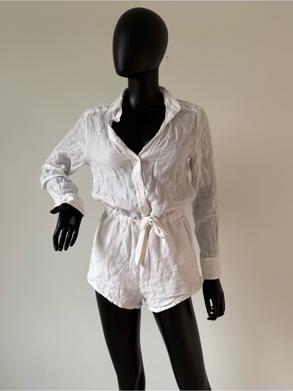 Linen Jumpsuit Romper One piece Overall Long Sleeve Shirt Shorts Beach Casual
